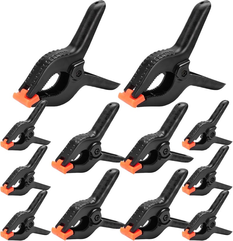 NUITPY 12 Pack Plastic Spring Clamps Set, 3 Sizes of Spring Clips 3.5 Inch, 4.5 Inch, 6 Inch Set, Black Heavy Duty Clips, Backdrop Clips, Woodworking Clamps, Plastic Clamps for Woodworking,Photography - Image 1